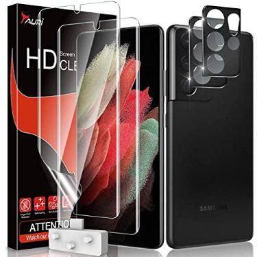 Imagem de TAURI [Pacote com 2 + 2 unidades, projetado para Samsung Galaxy S21 Ultra 5G de 6,8 polegadas, 2 protetores de tela de TPU flexível + 2 pacotes de protetores de lente de câmera para suporte de impressão digital, desbloqueio de impressão digital, fácil instalação, sem bolhas
