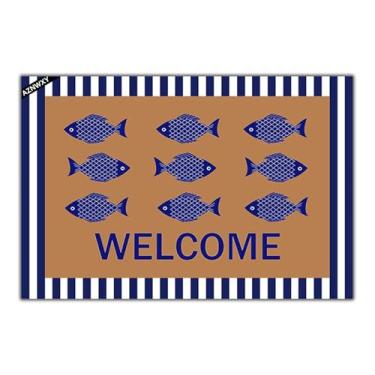 Imagem de Capacho com estampa de peixe, náutico, azul marinho, capacho de boas-vindas ao ar livre para entrada tapetes de cozinha engraçados 60 cm x 40 cm
