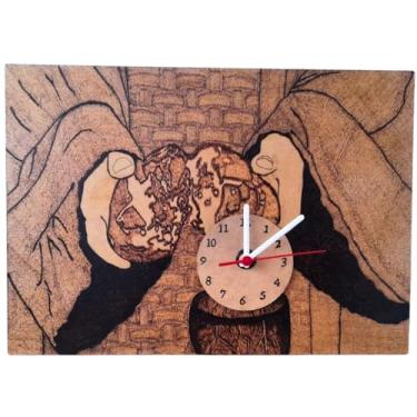 Imagem de Relógio de Parede em Quadro Decorativo sem moldura para casa, escritório ou clínica; 29,7x42cm; quartz analógico som suave; design artesanal madeira; pirografia de tema: "Mãos que Repartem o Pão".