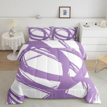 Imagem de Jogo de cama King listrado roxo e branco para crianças, adolescentes e adultos, geométrico, listrado, geométrico, para minimalistas, grafite e linhas estéticas, edredom boêmio, arte moderna