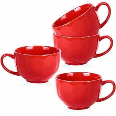 Imagem de vicrays Caneca de sopa jumbo de café grande - 765 g cerâmica grande grande alças extra grandes tigelas latte amigos conjunto de canecas Gaint cereal aveia cappuccino conjunto com 4 - vermelho