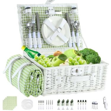 Imagem de Neti Neti Cesta de piquenique de vime para 4 pessoas com refrigerador isolado e cobertor impermeável – Grande cesto de piquenique de salgueiro para atividades ao ar livre, acampamento, praia