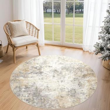 Imagem de UERMEI Tapete redondo de 1,2 m para sala de estar - 10 x 10 cm lavável, neutro, moderno, abstrato, macio, fino, tapete antiderrapante para quarto, embaixo da mesa de jantar, decoração de escritório em