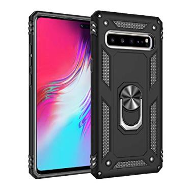 Imagem de Aikcks Capa para Samsung Galaxy S10 5G 360 de grau militar com um anel giratório de metal e um suporte magnético integrado para instalação no carro, Galaxy S10 5G à prova de choque (preto (armadura)