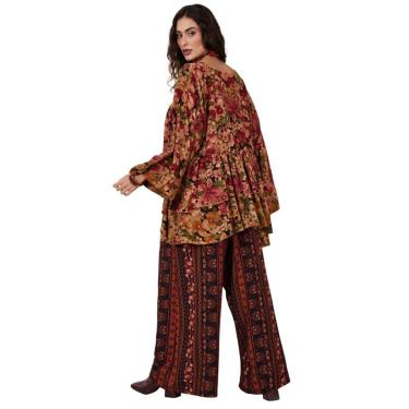 Imagem de Calça Saruel Pantalona Marrom Estampado Yacamim I9-Feminino