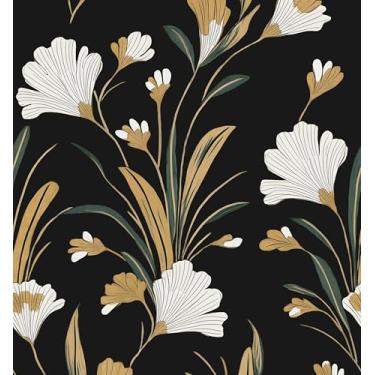 Imagem de Papel de parede preto dourado para contato floral branco 44,5 cm x 299,7 cm Linhas de plantas vintage escuras flores autoadesivas à prova d'água removível para quarto, prateleiras, gavetas, decoração