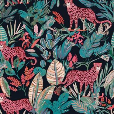 Imagem de XRUIBZI Papel de parede leopardo papel de parede de animais da selva folha ciano papel de contato tropical para armário impermeável autoadesivo rosa papel de parede para cozinha bancada parede 44,5 cm