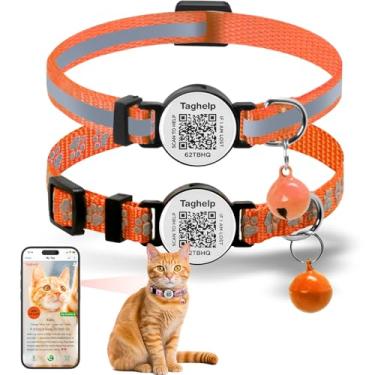 Imagem de Pacote com 2 coleiras reflexivas para gatos com código QR, etiqueta de identificação inteligente e sino, coleira básica para cães, gatos, fivelas, cintos de segurança de poliéster ajustável (laranja)