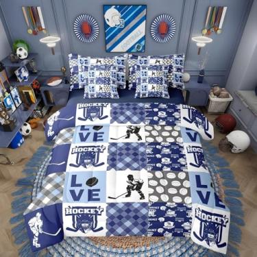 Imagem de Jogo de cama casal e edredom de hóquei no gelo, 7 peças, decoração de quarto de jogador, bolas de fãs de esportes europeus, azul