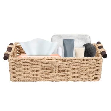 Imagem de Fockety Cesta de Armazenamento de Corda de Papel, Cesta de Vime Decorativa para a Mão para Organizar Com Alça, de Papel Higiênico de Bancada para Sala de Estar, Quarto (Cor de madeira)