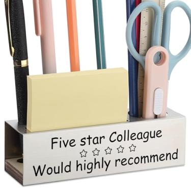 Imagem de Porta-lápis de aço inoxidável com citação engraçada de colega de trabalho, presente de agradecimento de cinco estrelas para mulheres e homens, organizador de mesa de escritório gravado para canetas