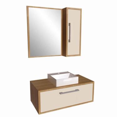 Imagem de Gabinete 80cm Alice Mel Arenas com Espelheira e Cuba Branca Em Mármore Sintético Armário Suspenso com 1 Porta