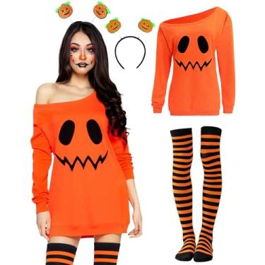 Imagem de Brikabia Conjunto de fantasia de Halloween para mulheres, fantasia de fantasma, faixa de cabeça, meia-calça listrada para cosplay e festa de Halloween, Laranja, G
