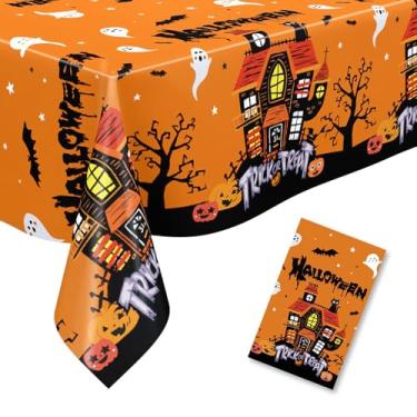 Imagem de SWEKKE Toalha de mesa de Halloween, 1 pacote de toalha de mesa de plástico 274 x 137 cm, decoração de Halloween, retangular, toalha de mesa descartável, castelo fantasma, abóbora, morcego, decoração
