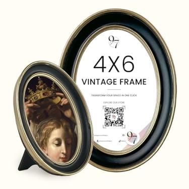 Imagem de 97 Decor Porta-retrato vintage preto e dourado 10 x 15 cm - Moldura oval vintage 10 x 15 cm, moldura antiga elegante de 10 x 15 cm com frente de vidro para exibição de fotos em mesa e montagem na