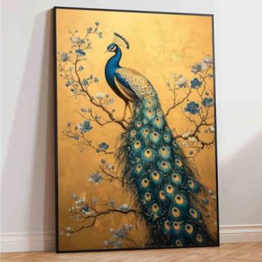 Imagem de Arte de parede de pavão elegante pintura de pavão azul arte de parede de pássaro abstrato pôster de pássaro vintage imagem animal azul estampa flor moderna abstrata sala de estar decoração 40,6 x 61