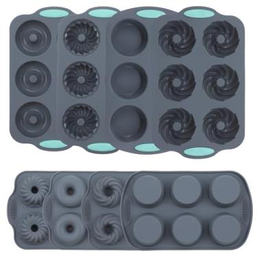 Imagem de Yuanan 8 formas de silicone para assar, conjunto de formas antiaderentes de 4 formas de donuts, mini formas resistentes ao calor para assar na máquina de lavar louça (cinza)