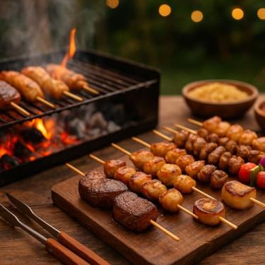 Imagem de Kit Palitos de Espetos Bambu Premium Resistentes Sem Farpas Perfeitos para Carnes Legumes Queijos e Marshmallow no Churras 20cm