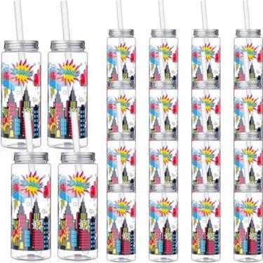 Imagem de LemonRoad 24 peças de copos de plástico com tampa e canudo 400 ml reutilizáveis decorações de festa temáticas copo copo de café gelado para decoração de festa formal (herói)