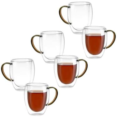 Imagem de Kit Conjunto 6 Xícaras de Vidro Borossilicato Parede Dupla 350ml Transparente com Alça Colorida (Marrom)