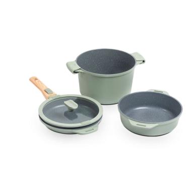 Imagem de Jogo de Panelas Empilhável Brinox Loft 7 Peças Antiaderente Ceramic Life, Cabo Removível e Fundo de Indução – Verde