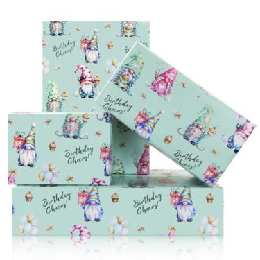Imagem de Papel de embrulho de gnomos de aniversário para crianças, meninas, meninos, gnomos fofos, chapéu e balão, papel de embrulho de presente - 4 folhas dobradas planas de 51 x 71 cm para presente de