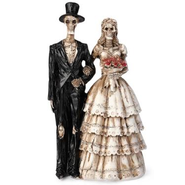 Imagem de LemonRoad Dia dos Mortos Casal Esqueleto Decoração Noiva e Noivo Esqueleto Dia De Los Muertos Estatuetas Dia dos Mortos Decorações Halloween Gótico Decoração de Bolo de Casamento (Terno Preto)