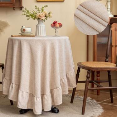 Imagem de F-CHU Toalha de mesa redonda Boho com babados de algodão e linho, acabamento lavável, toalha de mesa redonda retrô para mesa redonda, cozinha, festa, casamento, 177 cm, café claro redondo