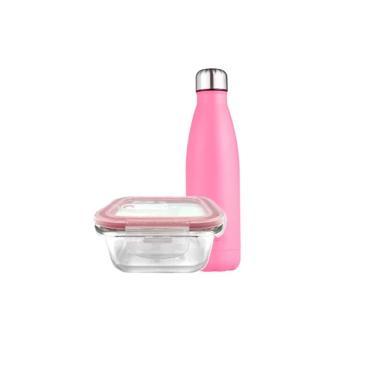 Imagem de Pote Vidro Hermético Marmita 800ml Com Garrafa Térmica Rosa