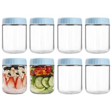 Imagem de Recipientes de aveia noturnos com tampas, potes de vidro de 473 ml com tampas, 8 peças, azul claro, frascos de vidro de boca larga para salada, iogurte, lanches, preparação de refeições