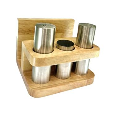 Imagem de Ｂｅｓｇａ E Conjunto de Pimenteiro Potes de Condimentos com Acessórios de Base Porta-palitos com Porta-guardanapos para Cozinhar Mesa de Jantar, Madeira de aço Inoxidável, Tamanho real