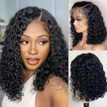 Imagem de Yijimei Peruca Bob de cabelo humano 33 x 10 cm peruca frontal ondulada em águas profundas densidade 180 perucas curtas para mulheres negras pré-arrancadas com cabelo de bebê, linha do cabelo natural