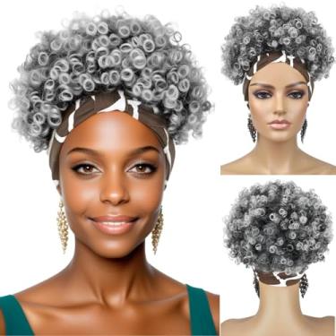 Imagem de Adancyler Peruca Afro Puff para mulheres negras, sem cola, sem cordão, com faixa elástica de girafa, extensão de cabelo cacheado crespo para todos os tamanhos de cabeça (T1B/cinza)