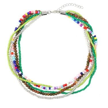 Imagem de Gargantilha colorida de várias camadas com contas de sementes para mulheres, boêmia, feita à mão, pedra de cristal, colar havaiano, aniversário, verão, praia, joias para presente, middle, Aço