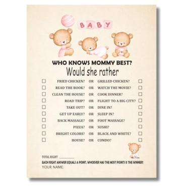 Imagem de NIIVIIN Jogos de chá de bebê para meninas - Who Knows Mommy Best Activity Game, 50 jogos de chá de bebê com tema de ursinho de pelúcia resistente, 10 perguntas divertidas para convidados, 12,7 cm x