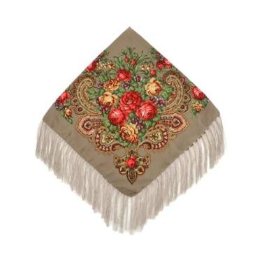 Imagem de Lenço Quadrado Floral com Franjas - Estilo Ucraniano Babushka, Caqui