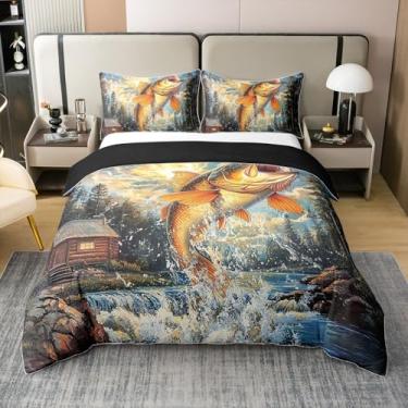 Imagem de Manfei Basa Fish Capa de edredom infantil 100% algodão tamanho Queen, cabana de madeira, pinheiros, natureza rústica, conjunto de cama para meninos e meninas, oceano submarino, animal, azul, verde, 2