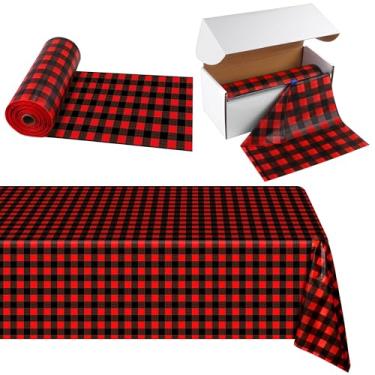 Imagem de Kochorie Rolo de toalha de mesa de plástico quadriculado de Natal de 137 x 76 m descartável vermelho preto buffalo, xadrez, rolo de plástico com cortador deslizante fácil para festa de Natal/jantar em