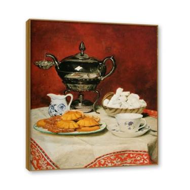Imagem de Moldura externa de teca. Famosas pinturas a óleo (pão de chá e manteiga) por Albrecht Anker, reprodução impressa em tela, arte de cenário para decoração de sala de estar. 40 x 48 cm - 15,7 x 18,9 pol