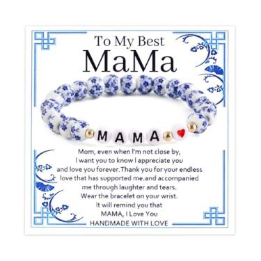 Imagem de PLwelth Pulseira Mamãe de Porcelana Azul e Branca Presentes Inspiradores para Mãe de Filha Filho Flor Vintage Pulseira Elástica Artesanal para Mulheres Joias Exclusivas Presentes de Aniversário Dia