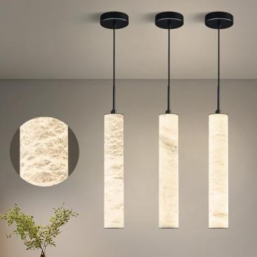 Imagem de LMQNINE Luminárias Pendentes De Alabastro Natural Para Ilha De Cozinha, Lustre Longo De Mármore Branco, Luminárias De Teto Pretas Modernas Para Quarto, Sala De Jantar, Mesa, Sala De Estar, Corredor