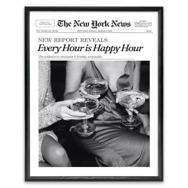 Imagem de KBKBART Pôster de jornal em preto e branco emoldurado Every Hour Is Happy Hour, pôsteres feministas descolados, decoração de parede para meninas gostosas, dormitório, sala de estar, decoração 40,6 x