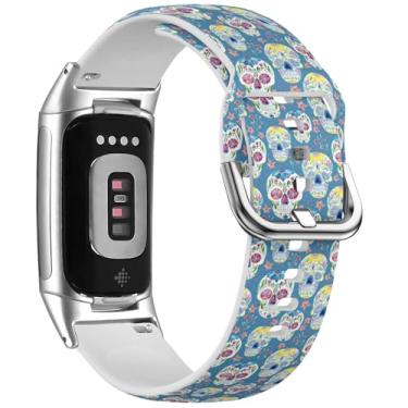 Imagem de MRAKPLGE Pulseira de relógio esportivo, estampa Sugar Skull, compatível com FitBit Charge 6 e Fitbit Charge 5, pulseira de silicone macio de substituição