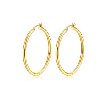 Imagem de Lansora Brincos de argola minimalistas, banhados a ouro, leves, cliques, grandes, redondos, para mulheres e homens, 30/40/50/60 mm, Cobre, Sem pedra preciosa