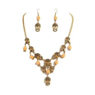 Imagem de Hclian Colar com pingente de caveira de pirata de ouro de Halloween - Conjunto de colar e brinco de caveira gótica e rosa para mulheres