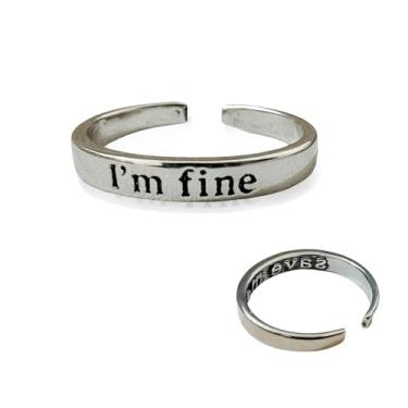 Imagem de dsmrosp I'm Fine - Intimation Save Me Rings, anel aberto em tom prateado ajustável, anel inspirador de aço inoxidável, anel giratório para alívio da ansiedade g joia vintage gravada, Metal, Sem pedra