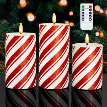 Imagem de HN HAIINAA Velas de LED listradas vermelhas com glitter, velas sem chama de cera real operadas por bateria para decoração de festas de Natal, conjunto de 3 (D3 x H4 12.7 cm 15.2 cm)