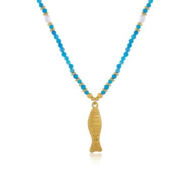 Imagem de Z ZACHÉ Colar feminino boho de peixe banhado a ouro 14 k, pingente de peixe com contas azuis, colares gargantilha de verão, praia, litoral, joia de ouro para mulheres presentes, Medium, Aço inoxidável
