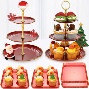 Imagem de Yiyiring Conjunto de 6 peças de suporte para exibição de cupcake, bandeja de torre de servir de 3 camadas com borda dourada retangular, suportes de bolo para casamento, aniversário, festa de chá