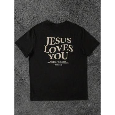 Imagem de Camiseta Masculina Casual Com Verso Bíblico Jesus Loves You - crushed,